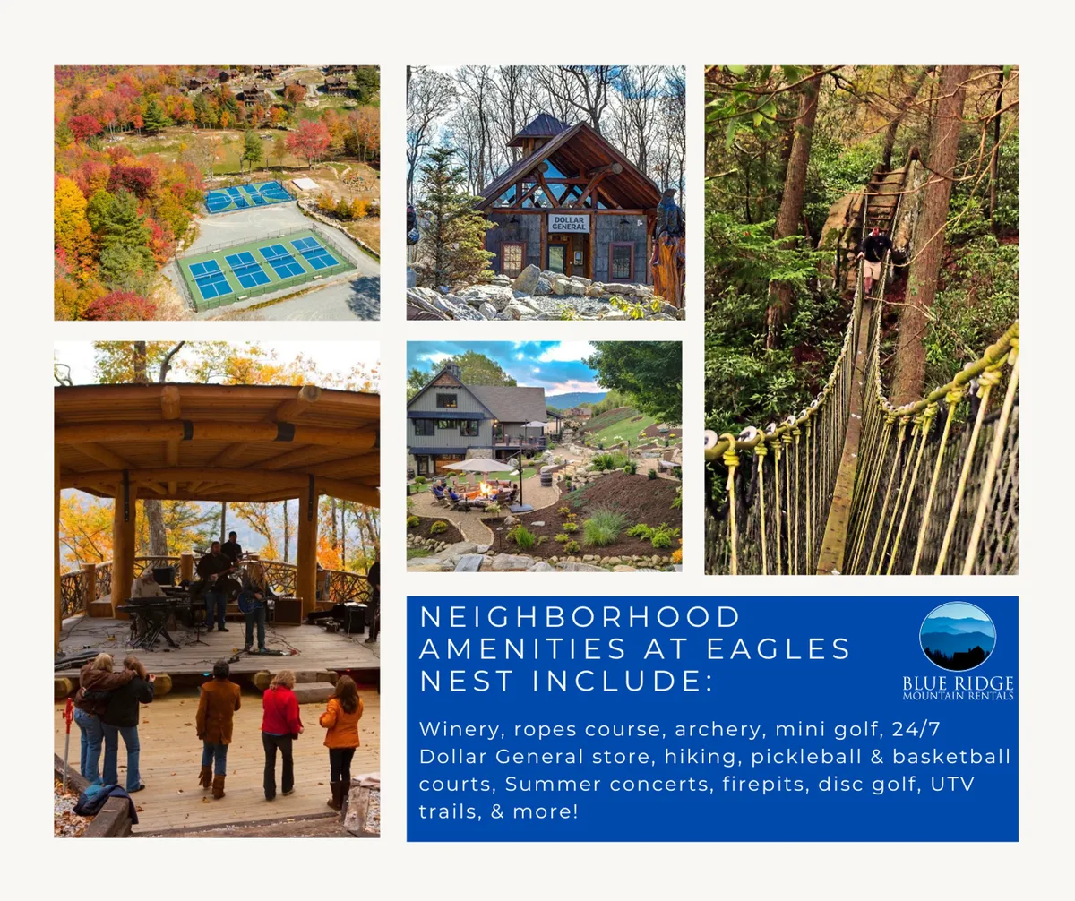 This image showcases the Eagles Nest Resort’s tennis courts, a wooden pavilion that likely hosts events like summer concerts, a rustic lodge, a hiking bridge, and a bustling gathering area. The scene is lively with people participating in various outdoor and communal activities, encapsulating the spirit of the resort community.