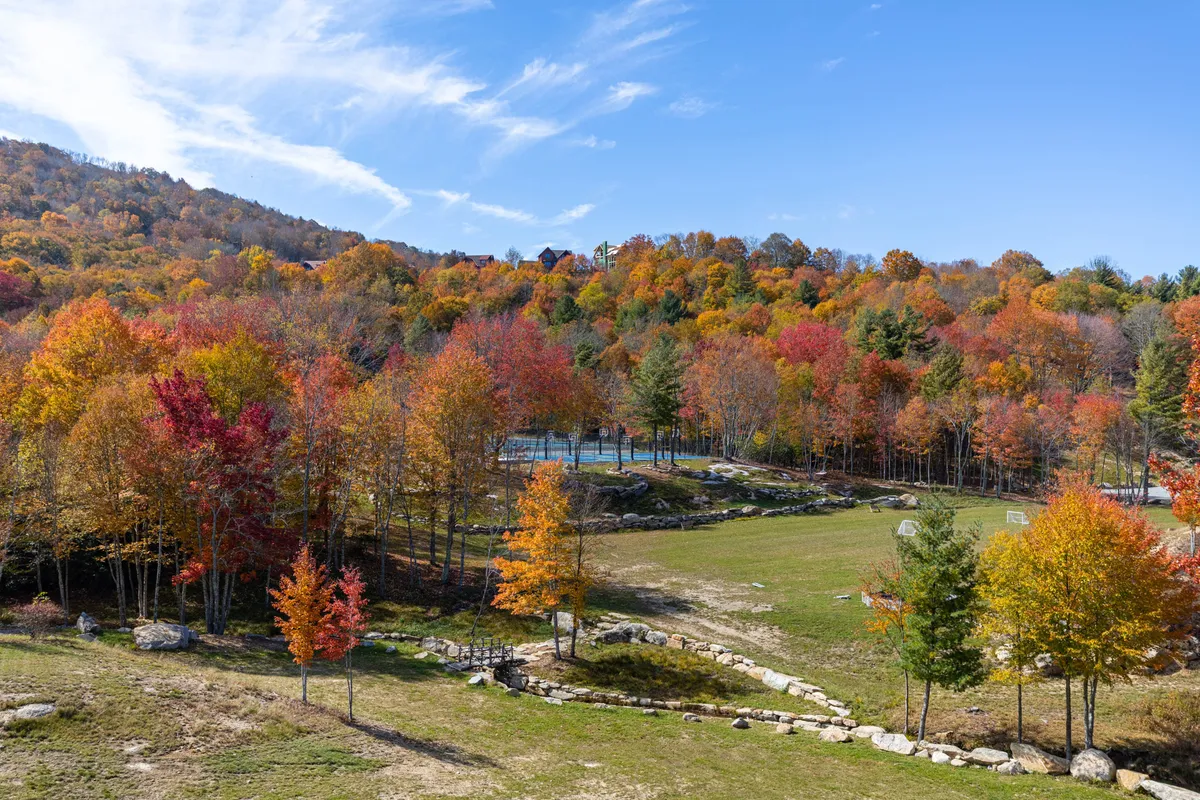 An open grassy area with vibrant autumn foliage frames rock formations, a tennis court, and spaces ideal for outdoor games, nature walks, and family gatherings. The cheerful, serene setting is perfect for seasonal picnics or enjoying sunset views.